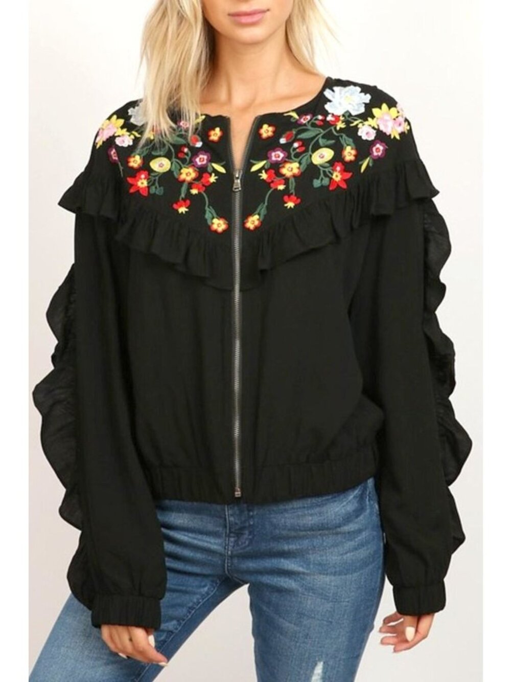 Hummingbird Jacket Small Floral Embroidered Ruffle Trim Full Zip Black Boho